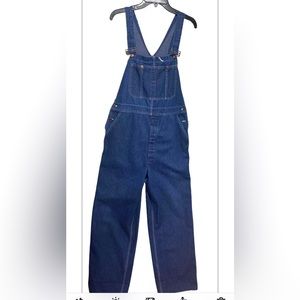 Vtg Big Mac Square Back Overalls Sz 38x30 70s Cargo Wide Leg Dark Wash Denim